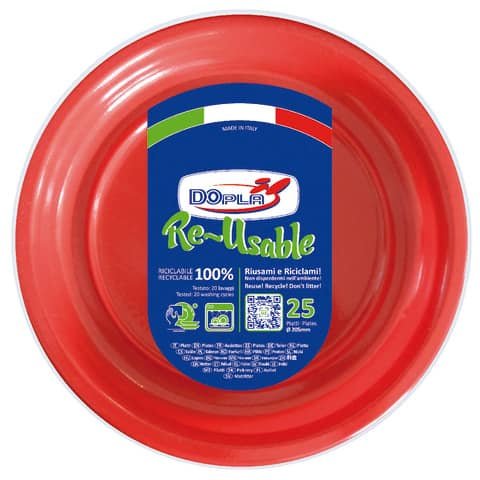Piatti fondi rosso in polistirene h.32 mm conf. 25 pz Dopla Reusable Ø 205 mm 11840
