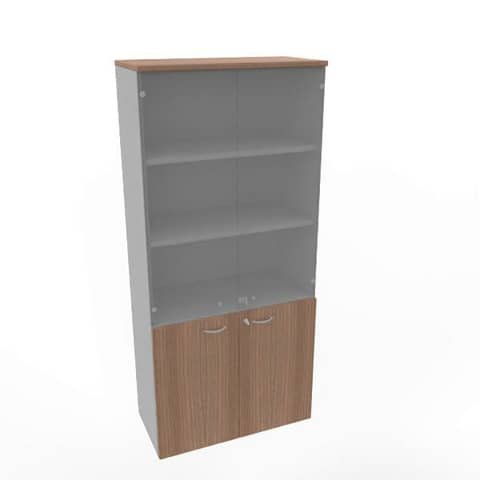 Armadio alto ante basse noce canaletto e alte in vetro scocca trama antracite 90x45xH.200 cm – ECE490V-NO-TA-GE