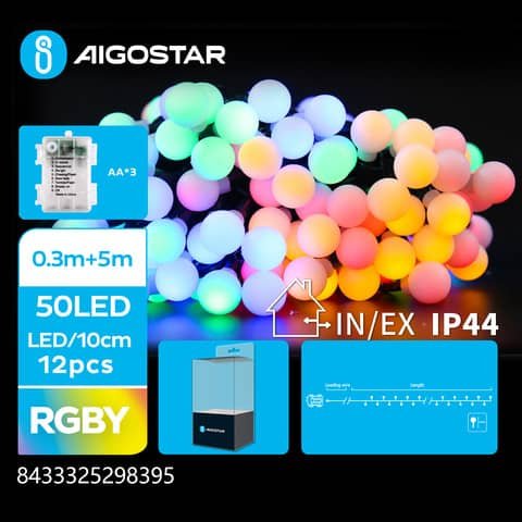 Catena luminosa a batteria Aigostar per interni ed esterni con lampadine a sfera multicolore 50 led 5 m – 298395