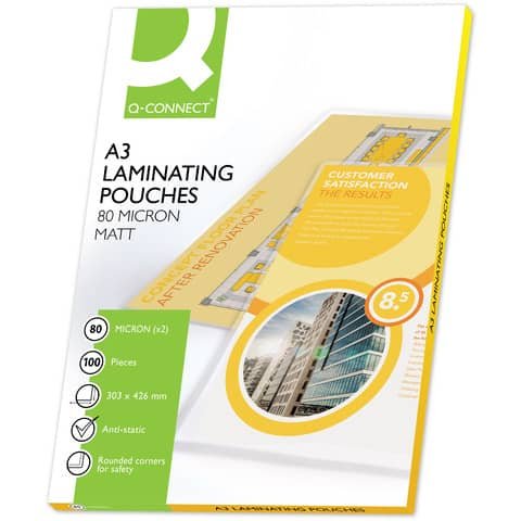 Pouches per plastificatrici Q-Connect 303×426 mm opache 80 micron conf. 100 pz A3 – KF18063