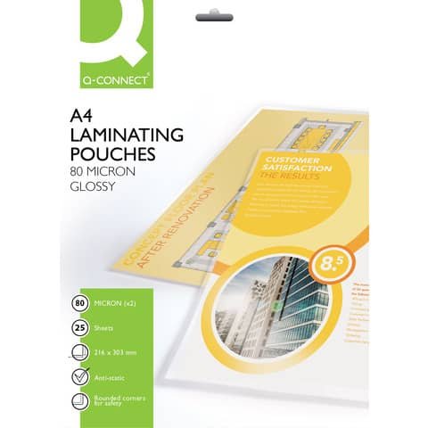 Pouches per plastificatrici Q-Connect 216×303 mm finitura lucida – 80 µm A4 – conf. 25 pz – KF04118