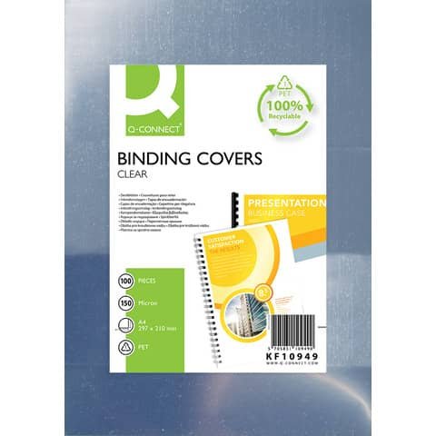 Copertine lucide per rilegatura Q-Connect in PET A4  150 micron – conf. 100 pezzi – KF10949