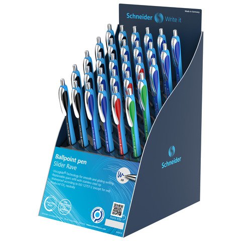 Espositore 30 penne a sfera a scatto ricaricabili Schneider Slider Rave tratto XB – 4 colori assortiti – P304022