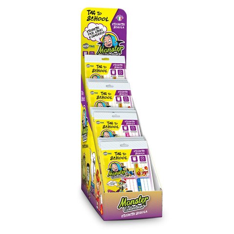 Espositore 100 bustine etichette Rotolificio Pugliese mix Fluo e Monster collection 75×37 mm – ESPBTSM01
