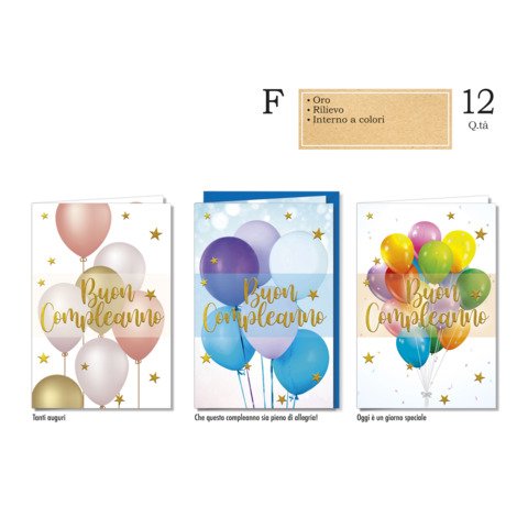 Biglietti augurali compleanno Cromo assortiti in 3 soggetti palloncini – conf. 12 pz – BC.8110