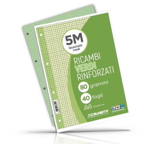Ricambi rinforzati colorati Blasetti per quaderni ad anelli A4 80 g/m_ – 40 ff – 5 mm – verde – 7814