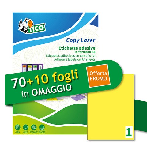 Etichette giallo fluorescente permanenti Tico laser/inkjet 1 et./foglio conf. 70+10 ff OMAGGIO 210×297 mm