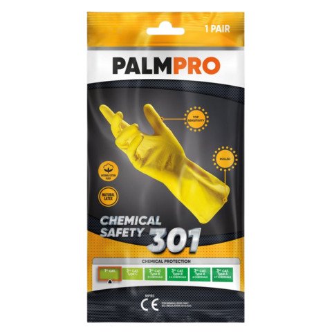 Guanti riusabili in lattice giallo felpato con bordino Icoguanti Palmpro 301 – sp. 0,30 mm L.30 cm DPI 1 – Tg. S