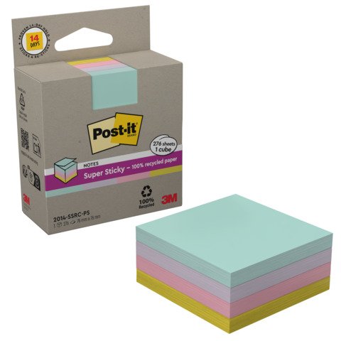 Foglietti riposizionabili Post-it® Super Sticky in carta riciclata 76×76 mm – giallo, rosa, menta, lilla – cubo 276 ff