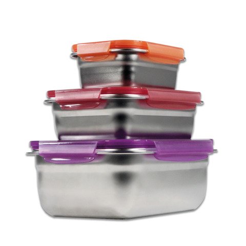 Contenitori per alimenti in acciaio inossidabile adatti a microonde Sogo set 3pz 14×8 cm-16×8.5 cm-18×9.5 cm –