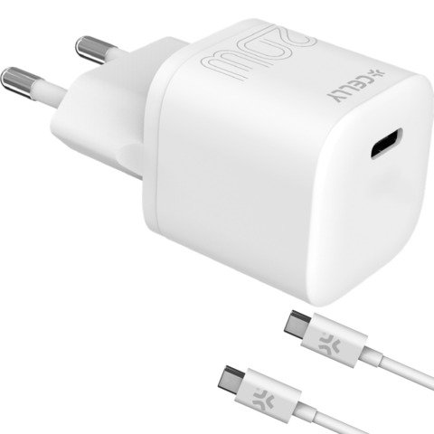 Caricatore da parete Celly USB-C + cavo USB-C / USB-C in gomma – bianco PC2TC20WUSBCCAB