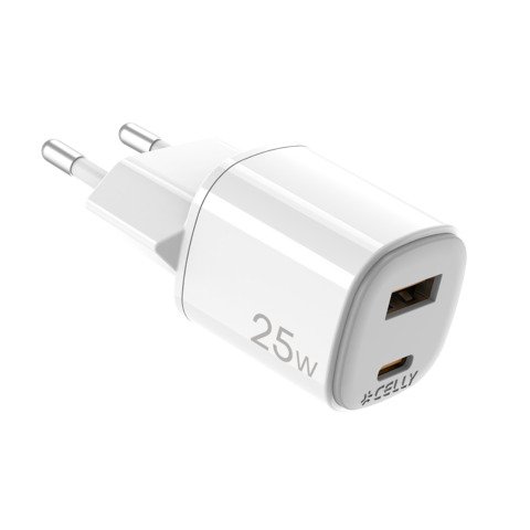 Caricatore da parete Celly GaN 1x USB-C 25W + 1x USB-A 18W – bianco UPTC1USB1USBC25