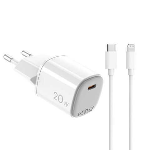 Caricatore da parete Celly GaN 1x USB-C 20W + cavo USB-C / Lightning – bianco UPTC1USBC20WCTL