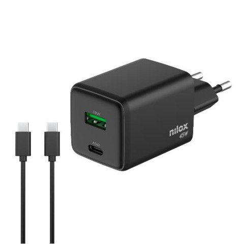 Caricatore da parete Nilox Tech GaN 45W con 1x USB-C + 1x USB-A colore nero NXGANUSBC45
