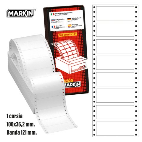 Etichette autoadesive bianche permanenti a modulo continuo 1 corsia Markin 4.000 etichette 100×36,2 mm – conf. 500 fogli