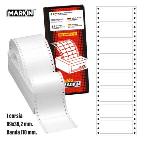 Etichette autoadesive bianche permanenti a modulo continuo 1 corsia Markin 4.000 etichette – 89×36,2 mm – conf. 500 fogli