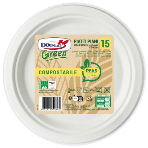 Piatti piani in polpa Dopla Green Pfas Free bianco – Ø 260 mm – conf. 15 pz – 07907