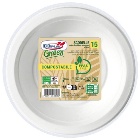 Scodelle in polpa bianche Dopla Green Pfas Free 450 ml – Ø 175 mm – conf. 15 pz – 07775