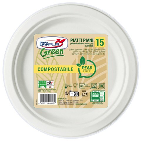 Piatti piani in polpa Dopla Green Pfas Free bianco – Ø 220 mm – conf. 15 pz – 07901