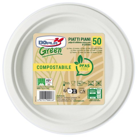 Piatti piani in polpa Dopla Green Pfas Free bianco – Ø 220 mm – conf. 50 pz – 07902
