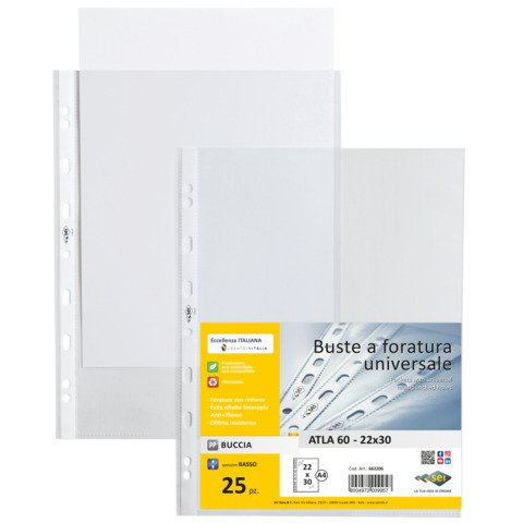Buste a perforazione universale Sei Rota Atla 22×30 cm in PP basso spessore – finitura goffrata – conf. 25 pz – 662206