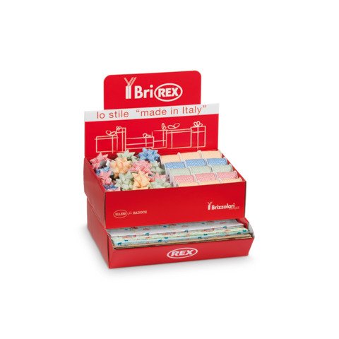 Espositore 100 fogli carta regalo raso + 50 stelle + 30 rocchetti Bri Rex fantasia papaveri e fiordalisi –