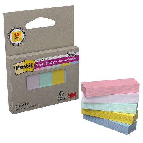 Segnapagina Post-it® Super Sticky in carta riciclata 15×50 mm – colori assortiti – conf. 5 index/70 ff