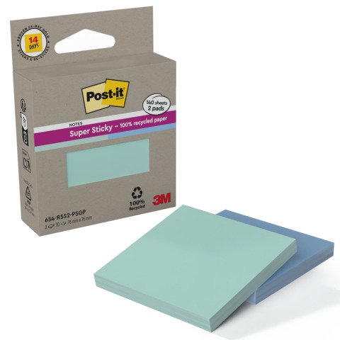 Foglietti riposizionabili Post-it® Super Sticky in carta riciclata 76×76 mm – menta e blu – conf. 2 blocch/70 ff