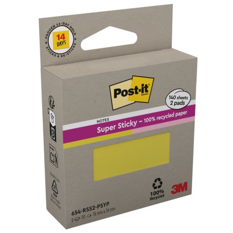 Foglietti riposizionabili Post-it® Super Sticky in carta riciclata 76×76 mm – giallo e rosa – conf. 2 blocch/70 ff