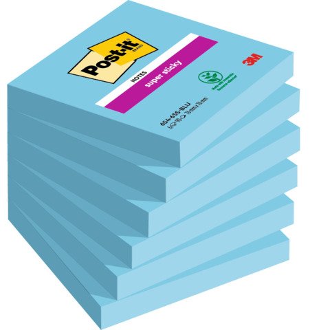 Foglietti riposizionabili Post-it® Super Sticky 76×76 mm – blu – conf. 6 blocchetti da 90 ff – 654-6SS-BLU