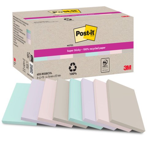 Foglietti riposizionabili Post-it® Super Sticky in carta riciclata 76×127 mm – colori assortiti – conf. 8 blocch/70 ff