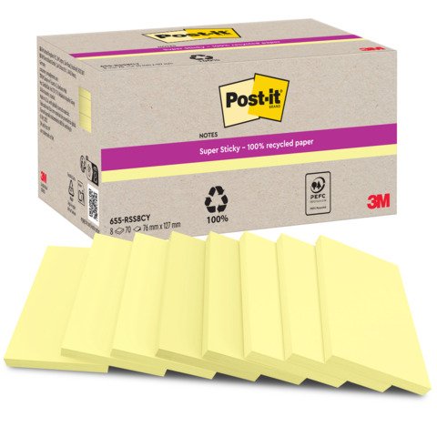 Foglietti riposizionabili Post-it® Super Sticky in carta riciclata 76×127 mm – giallo Canary – conf. 8 blocch/70 ff