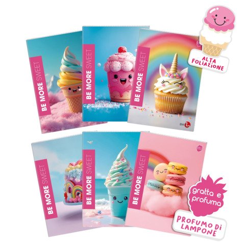Maxi quaderni Be More Sweet A4 – 100 g/m² – 24+1 ff – 4M – copertina profumata – conf. 10 pz assortiti
