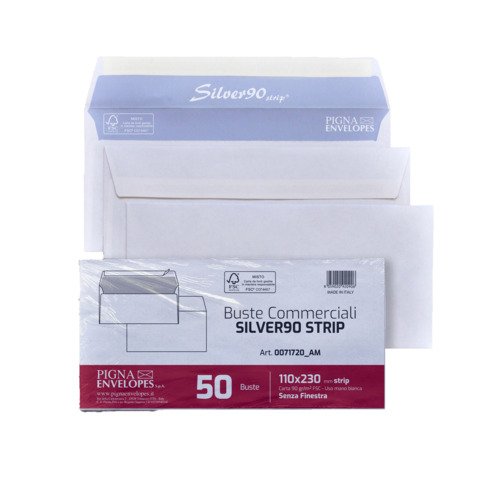 Buste senza finestra Pigna Envelopes Silver90 Strip 90gr/mq taglio quadro bianche 11x23cm – Conf. 50 pz 0071720