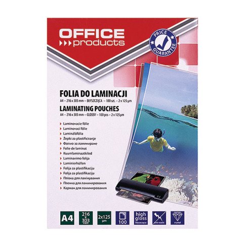 Pouches per plastificatrici Office Products 2×125 µm finitura lucida A4 – conf. 100 pezzi – 20325435-90