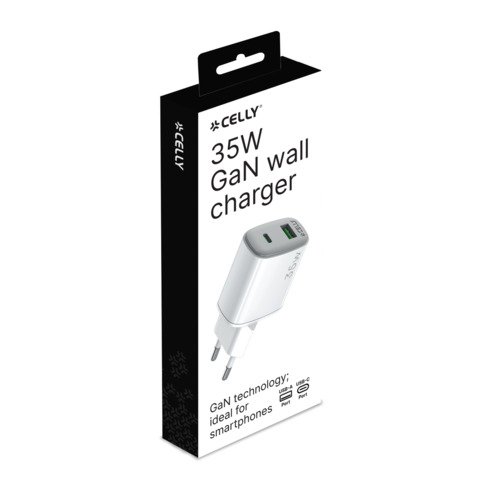 Caricatore da parete Celly GaN 1x USB-C 35W + 1x USB-A 18W – bianco UPTC1USB1USBC35