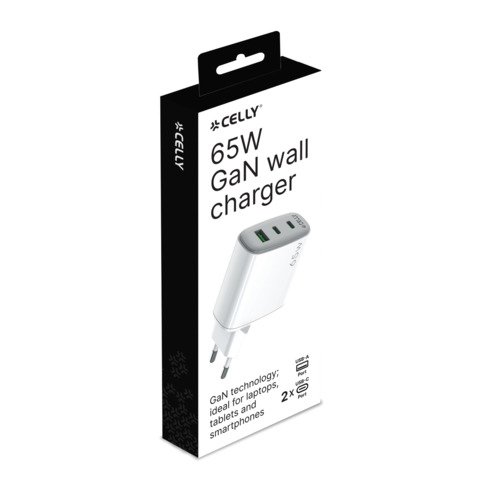 Caricatore da parete Celly GaN 2x USB-C 65W + 1x USB-A 60W – bianco UPTC1USB2USBC65