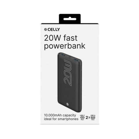 Powerbank compatto Celly PBE EVO 10.000 mAh 2x USB-A + 1x MicroUSB + 1x USB-C – 20W nero – PBPD10000EVOBK