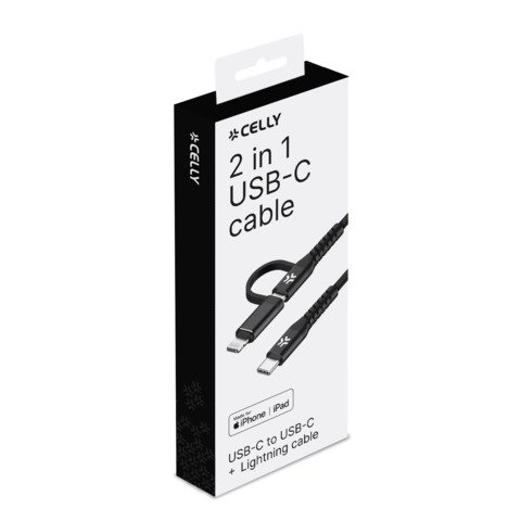 Cavo USB-C/USB-C Celly USBC2IN1 in nylon intrecciato con adattatore Lightning 100W – 1 m nero – USBC2IN1BK