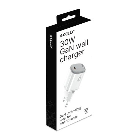 Caricatore da parete Celly UPTC1 GaN 1x USB-C 30W bianco UPTC1USBC30WWH
