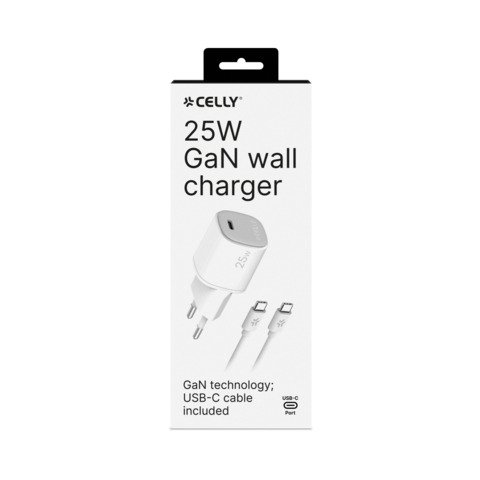 Caricatore da parete Celly UPTC1 GaN 1x USB-C 25W + cavo USB-C / USB-C in gomma – bianco – UPTC1USBC25WCTC