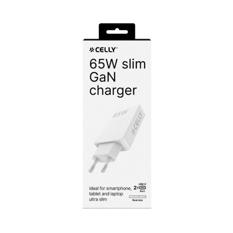 Caricatore da parete ultra slim Celly GaN 2x USB-C 65W bianco SLIMTC2C65WWH