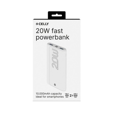 Powerbank compatto Celly PBE EVO 10.000 mAh 2x USB-A + 1x MicroUSB + 1x USB-C – 20W bianco – PBPD10000EVOWH