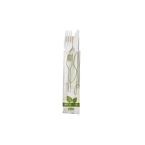 Set forchetta, coltello e tovagliolo in CPLA biodegradabile e compostabile Leone bianco – conf. 250 pz – Q2048.S