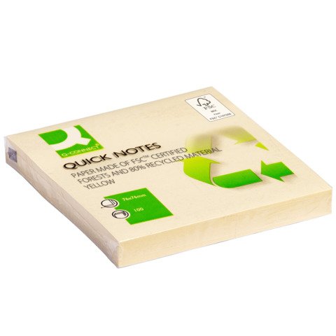 Foglietti riposizionabili Q-Connect 100% materiale riciclato 65 g/m² giallo 76×76 mm  12 blocc. da 100 ff – KF05609