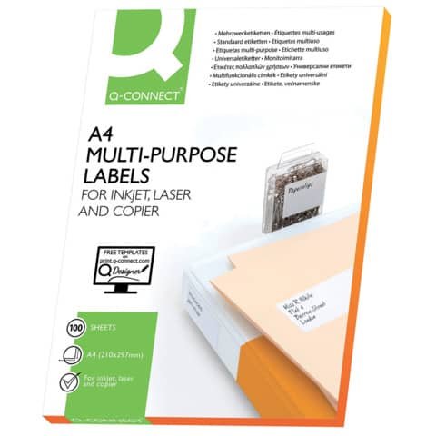 Etichette universali Q-Connect bianco 210×297 mm – 1 et./foglio – conf. da 100 fogli – KF10664
