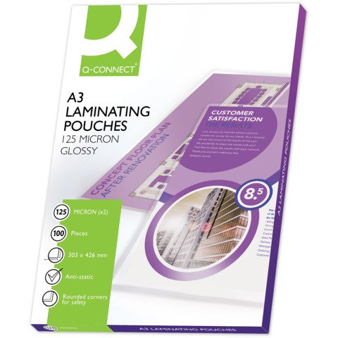 Pouches per plastificatrici Q-Connect 2×125 µm finitura lucida A3 Conf. 100 pezzi – KF04124