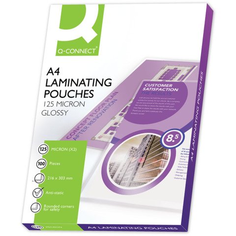 Pouches per plastificatrici Q-Connect 2×125 µm finitura lucida A4 Conf. 100 pezzi – KF04116