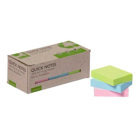 Foglietti riposizionabili riciclati Q-Connect 38×51 mm assortiti pastello – conf. 12 blocchetti da 100 ff – KF17326