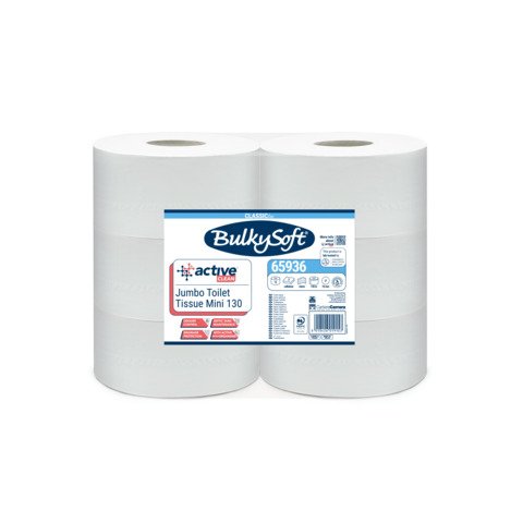 Carta igienica Bulkysoft Active Clean Mini Jumbo 130 – 2 veli in cellulosa – bianco – conf. 12 pz – 65936.E20